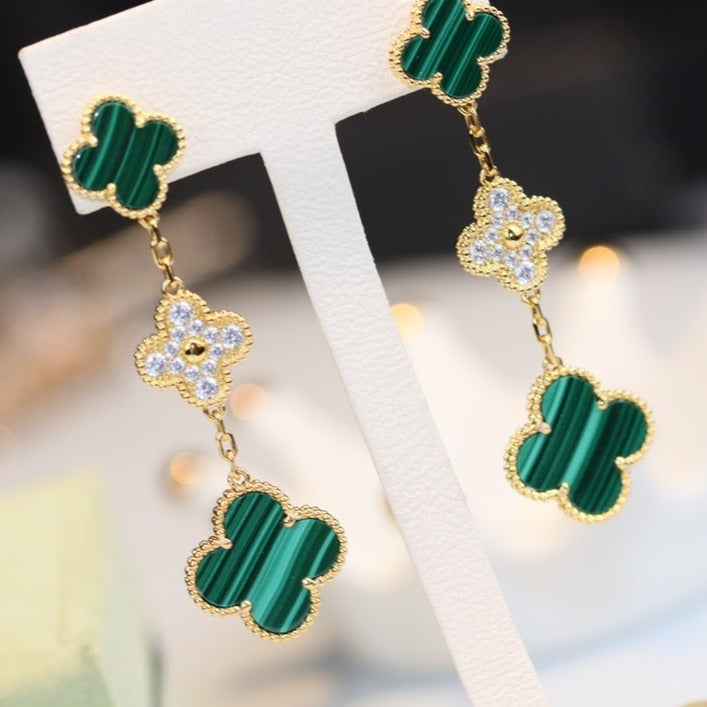 ¡®Dream¡¯CLOVER EARRINGS GOLD MALACHITE DIAMOND 3 MOTIF