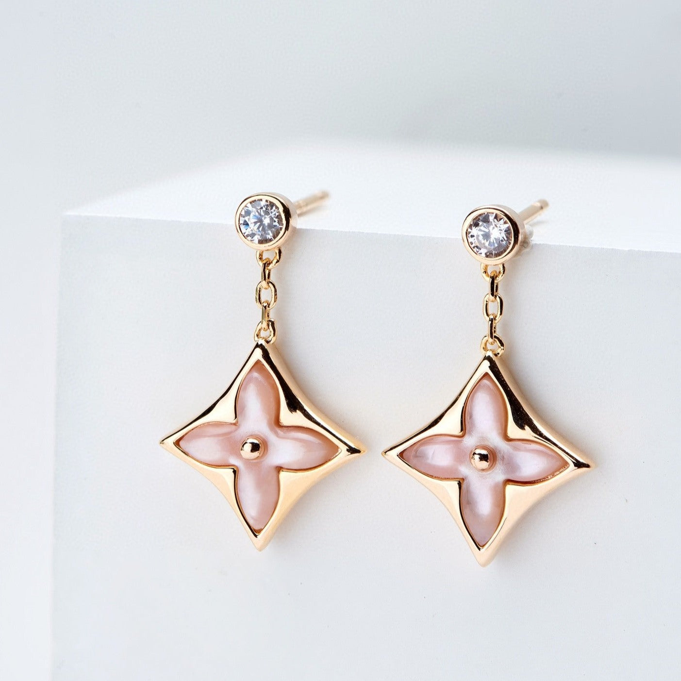 ¡®Dream¡¯DOUBLE STAR PINK GOLD MOP DROP EARRINGS