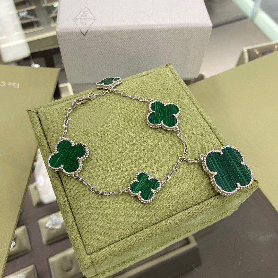 ¡®Dream¡¯CLOVER 5 MOTIFS SIVLER MALACHITE BRACELET