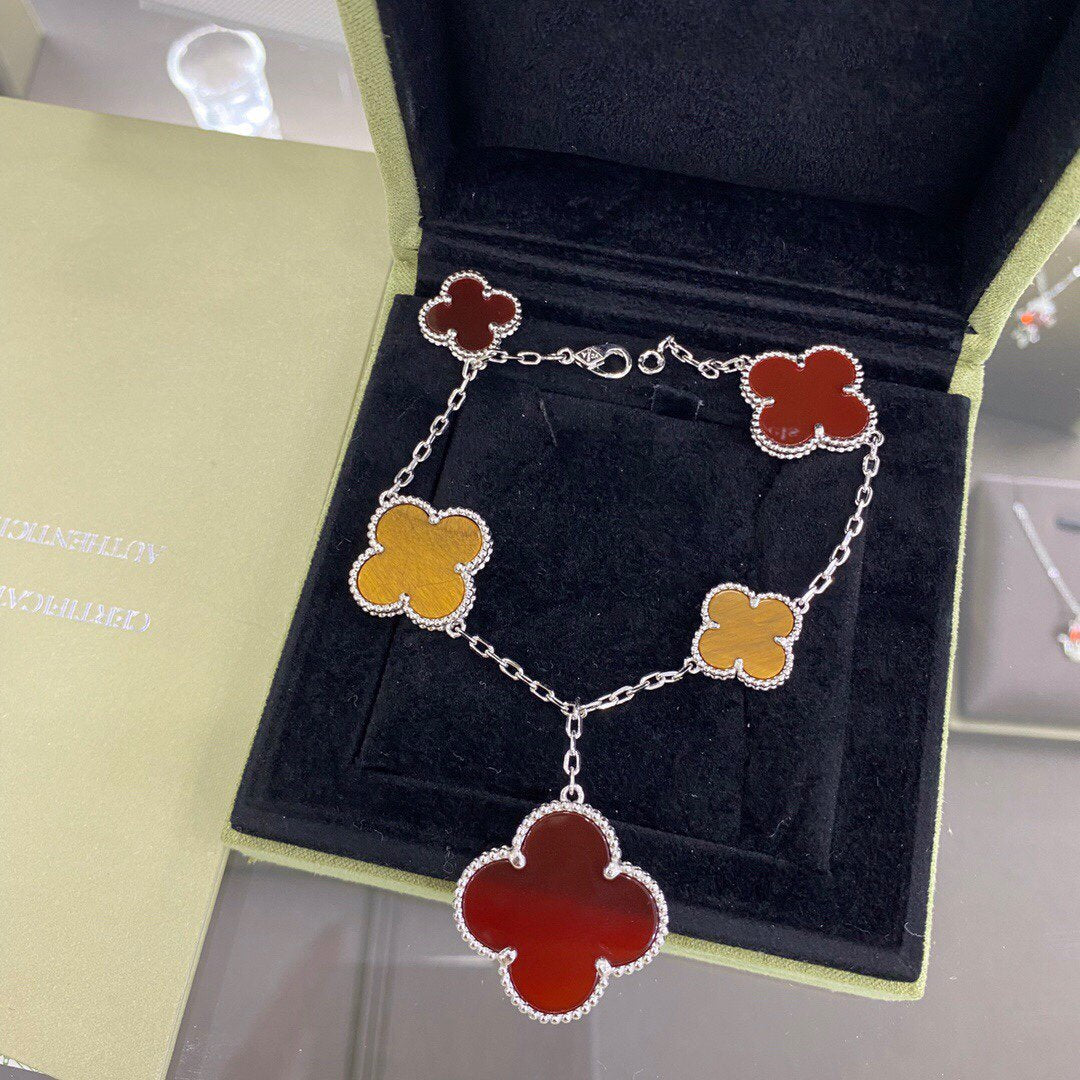¡®Dream¡¯CLOVER 5 MOTIFS SIVLER CARNELIAN TIGER EYE BRACELET