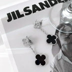 ¡®Dream¡¯CLOVER 2 MOTIFS  DIAMOND ONYX EARRINGS SILVER