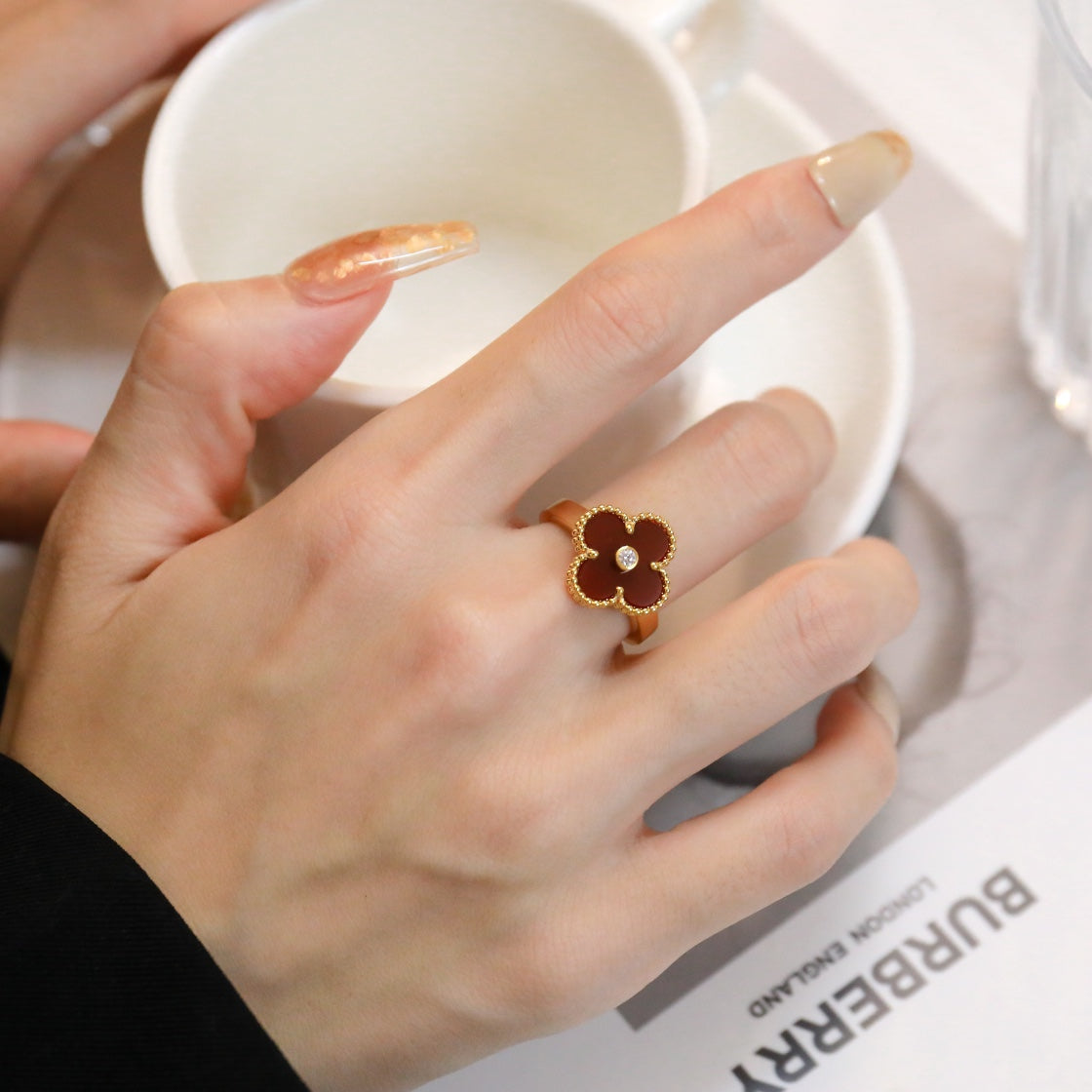 ¡®Dream¡¯CLOVER CARNELIAN RING ROSE GOLD DIAMOND