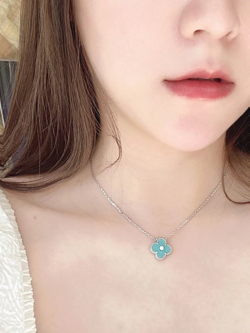 ¡®Dream¡¯CLOVER 1 DIAMOND LIGHT BLUE SILVER NECKLACE