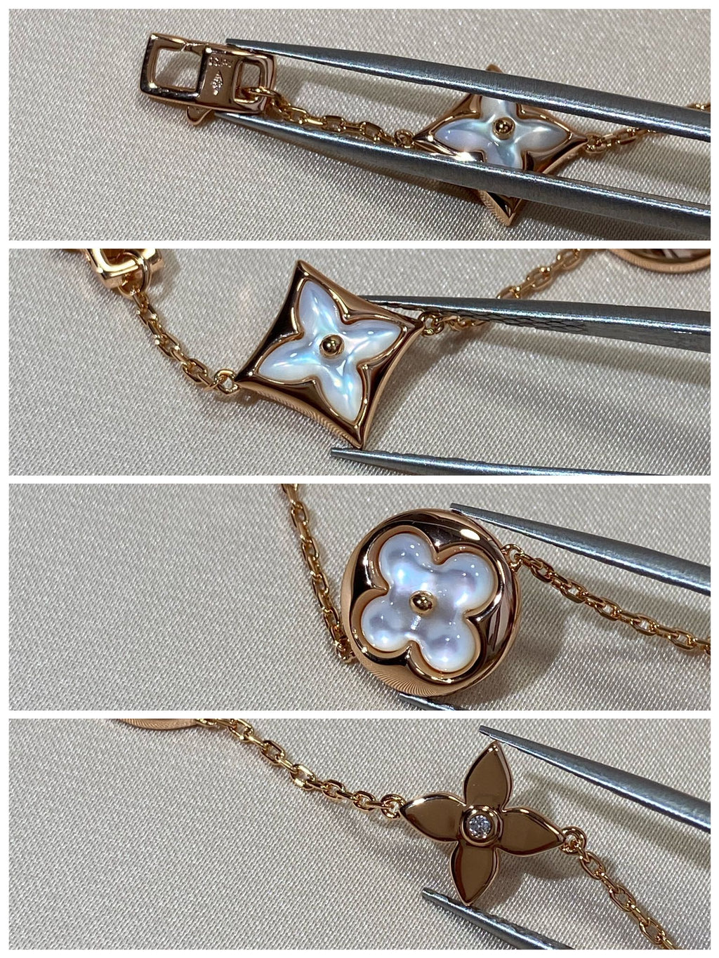 Armband mit 5 Motiven aus Perlmutt, Gold und Sterlingsilber, besetzt mit rosa Zirkonia im Traumstern- und Sonnen-Design
