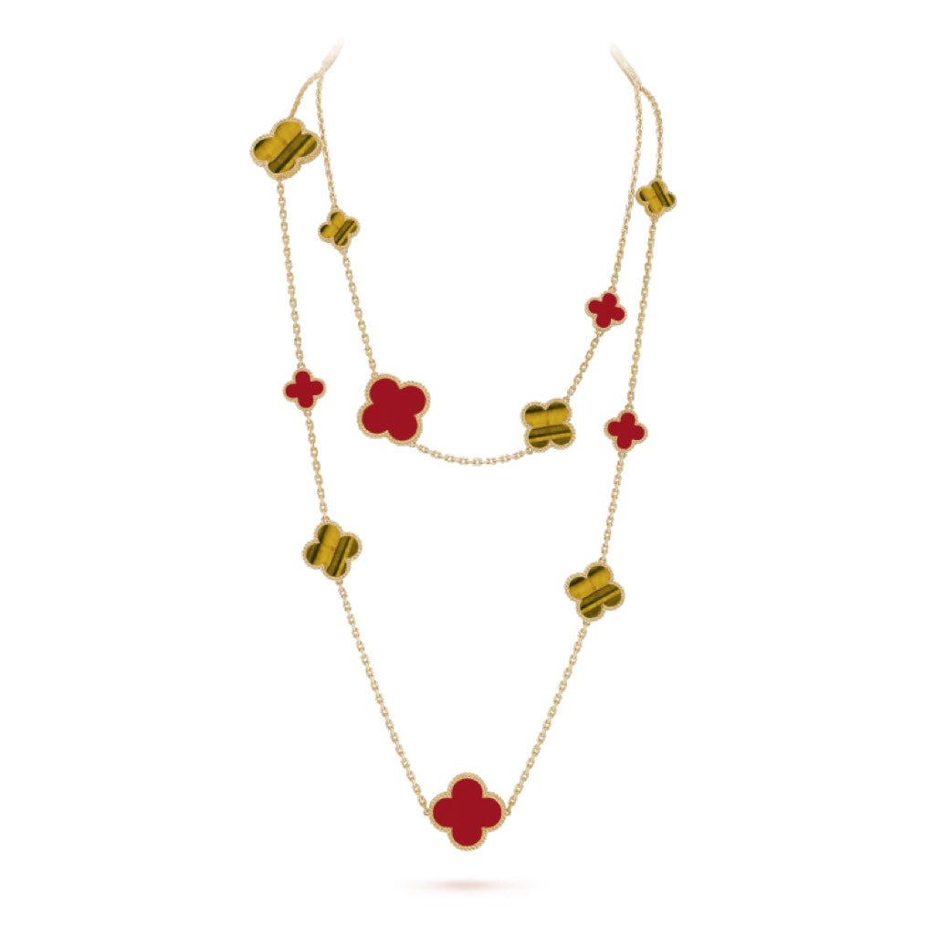 ¡®Dream¡¯CLOVER 16 MOTIF CARNELIAN TIGER EYE ROSE GOLD NECKLACE