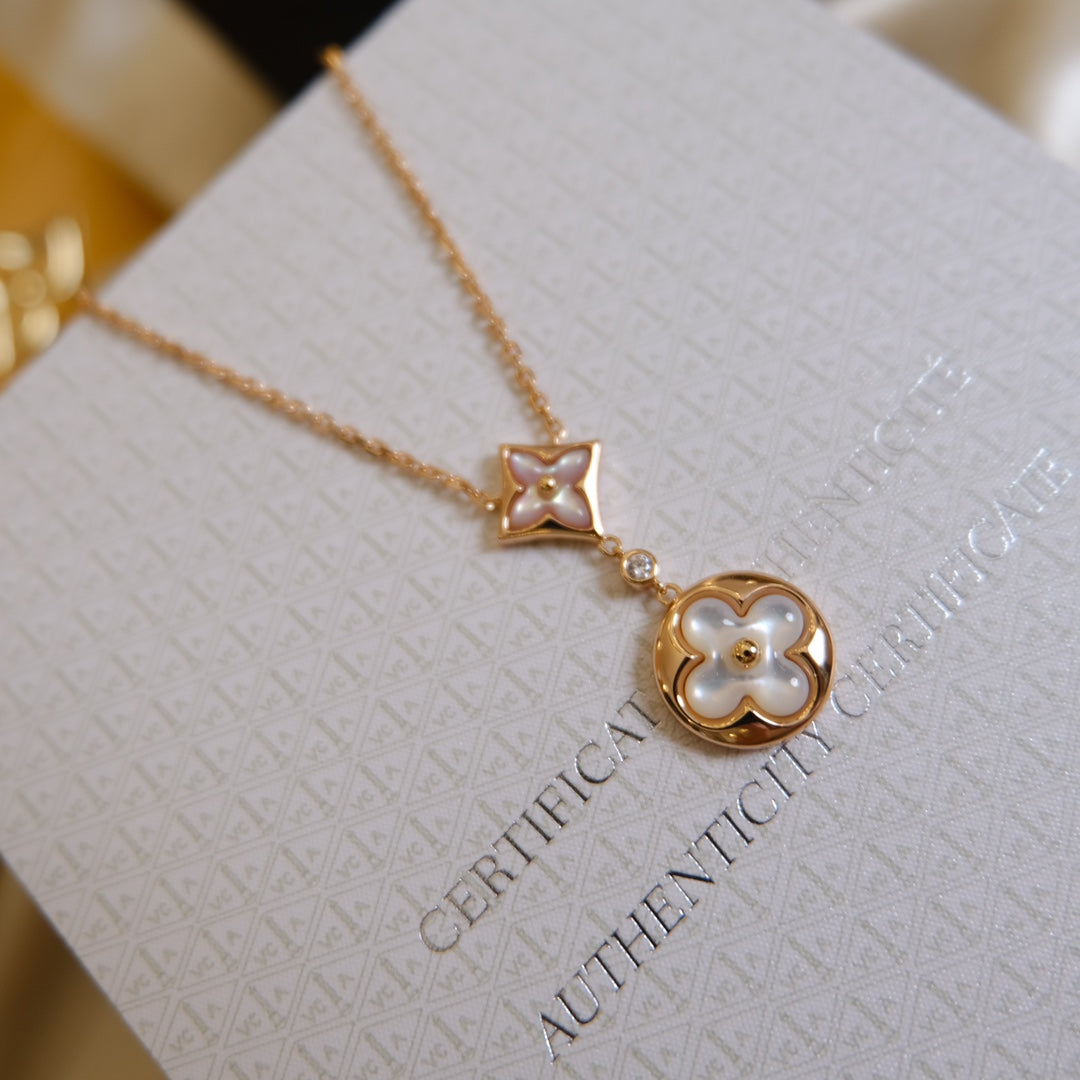 ¡®Dream¡¯STAR AND SUN WHITE MOP 2 MOTIF PINK GOLD NECKLACE