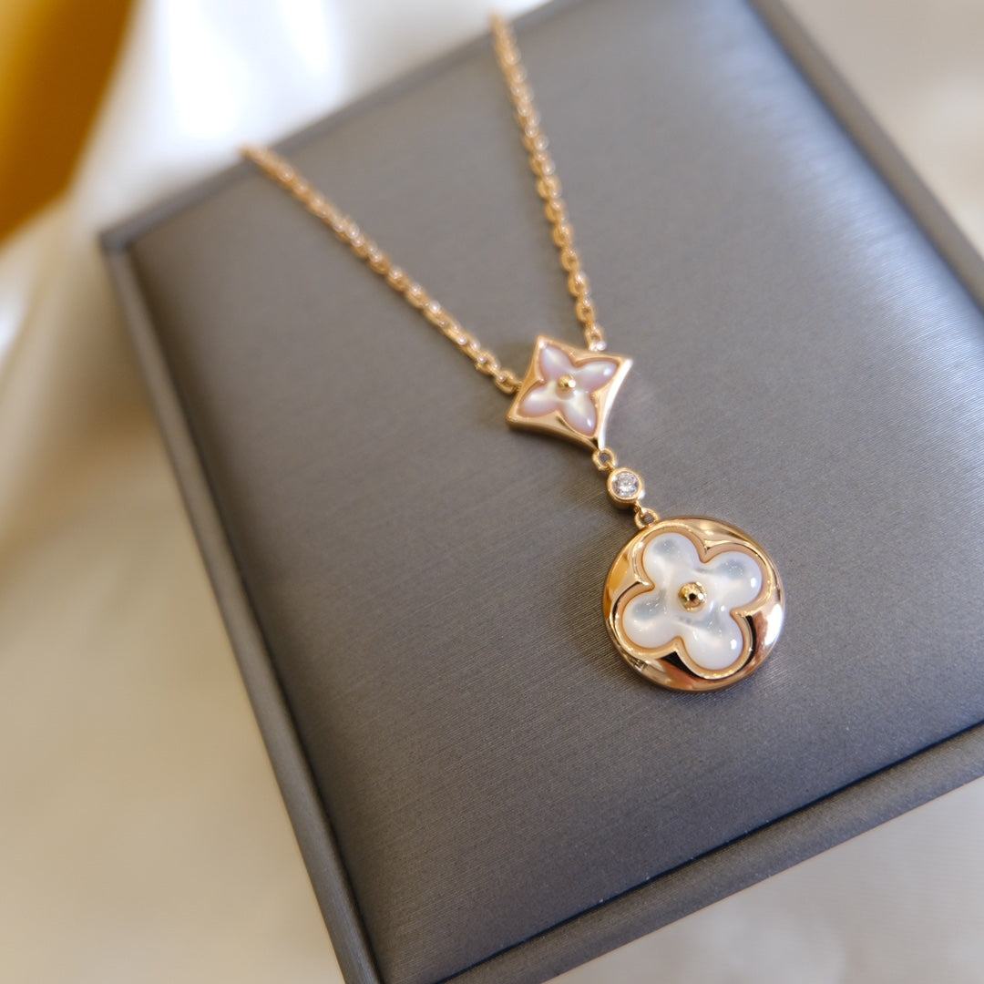 ¡®Dream¡¯STAR AND SUN WHITE MOP 2 MOTIF PINK GOLD NECKLACE