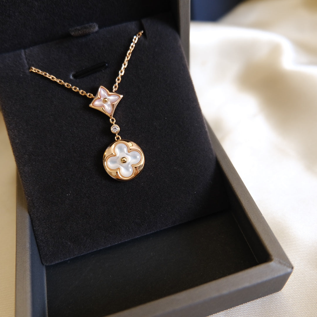 ¡®Dream¡¯STAR AND SUN WHITE MOP 2 MOTIF PINK GOLD NECKLACE