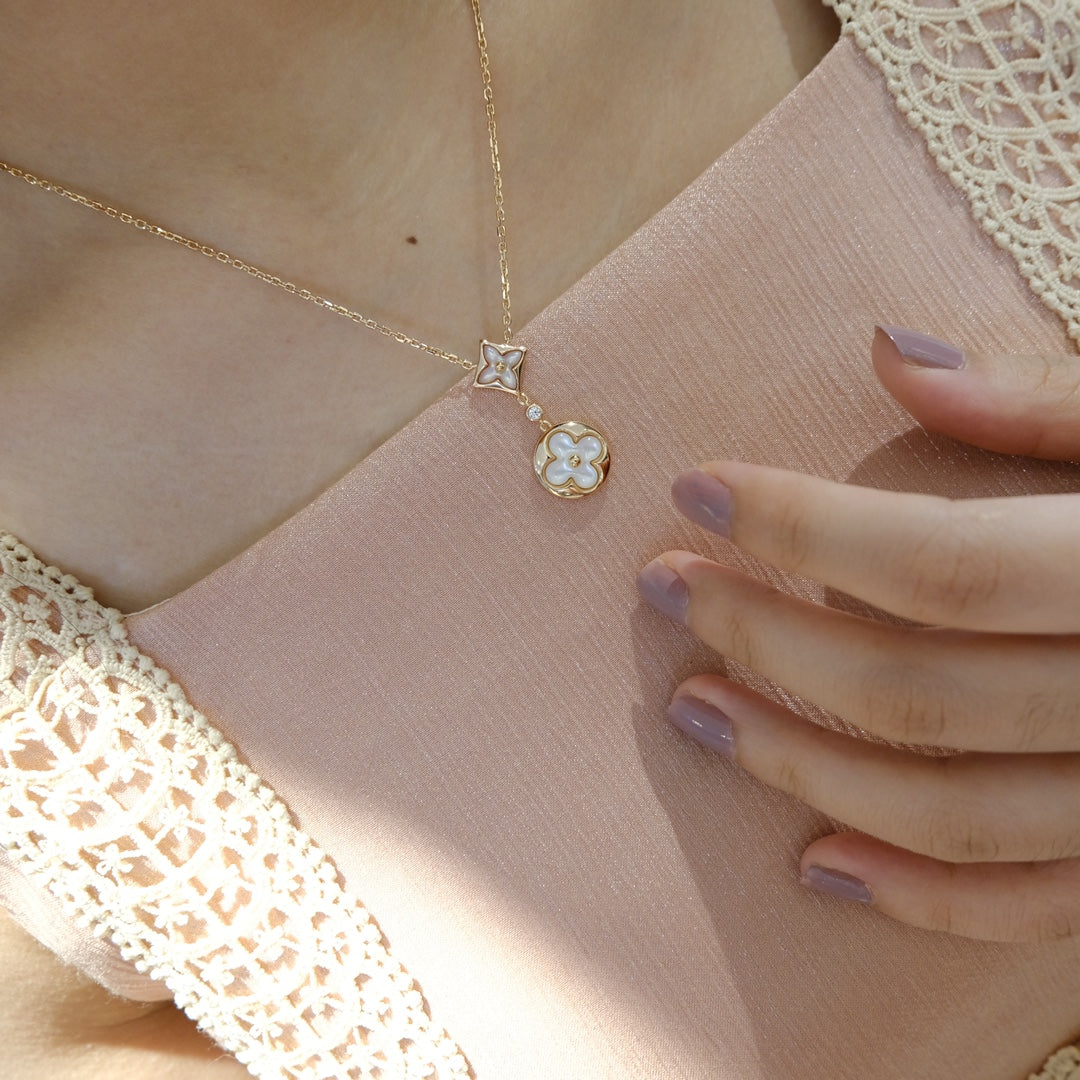 ¡®Dream¡¯STAR AND SUN WHITE MOP 2 MOTIF PINK GOLD NECKLACE