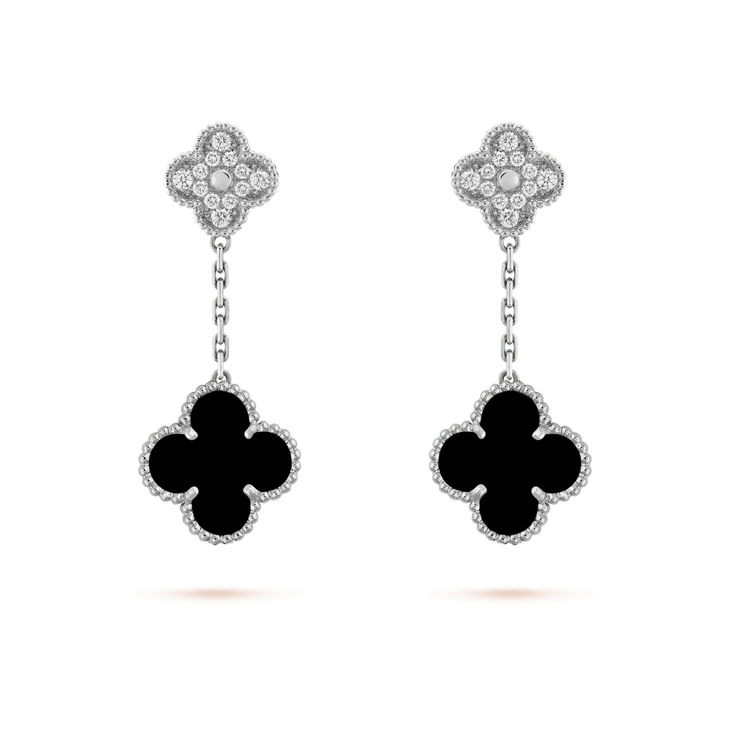 ¡®Dream¡¯CLOVER 2 MOTIFS  DIAMOND ONYX EARRINGS SILVER