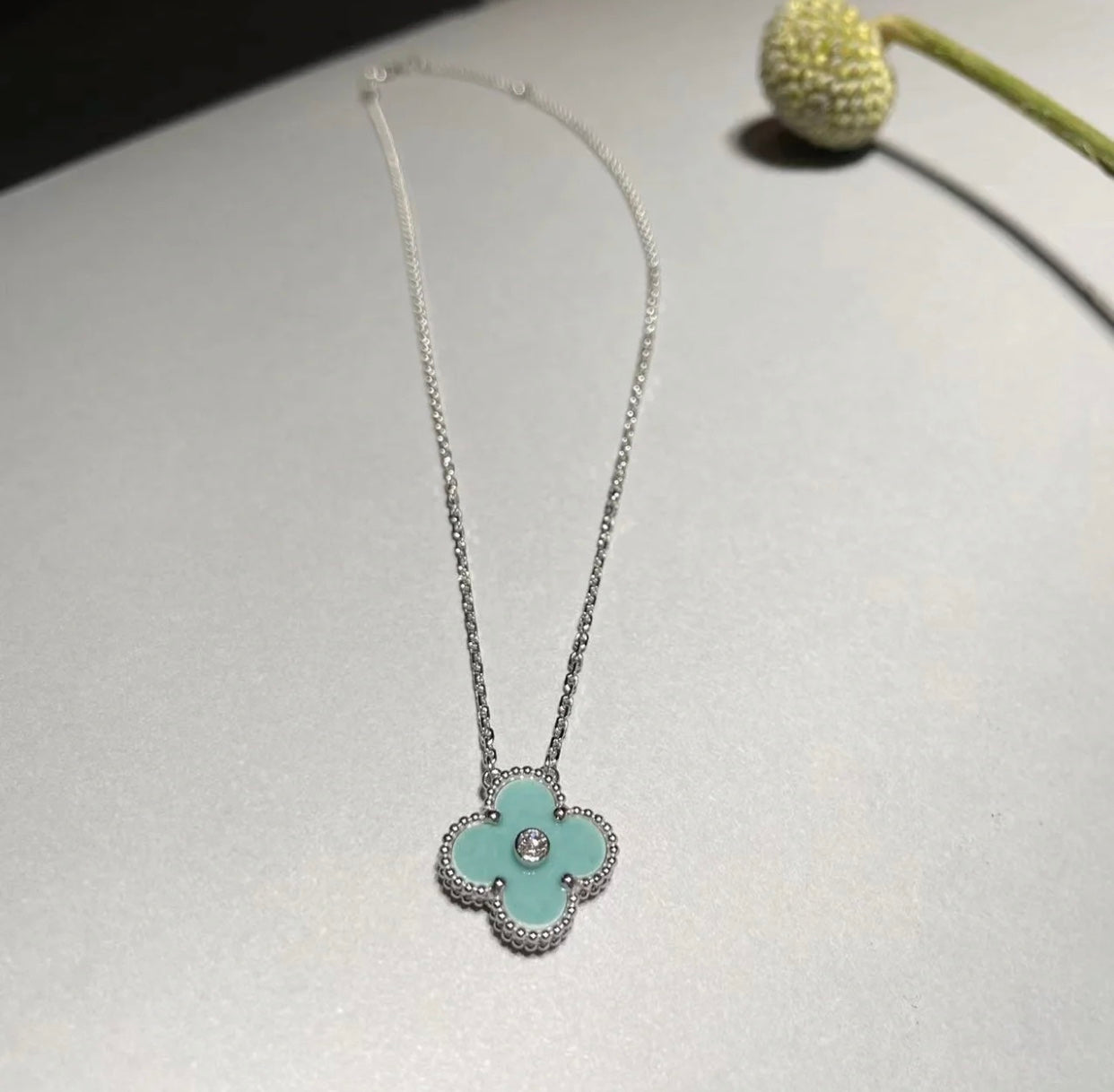 ¡®Dream¡¯CLOVER 1 DIAMOND LIGHT BLUE SILVER NECKLACE