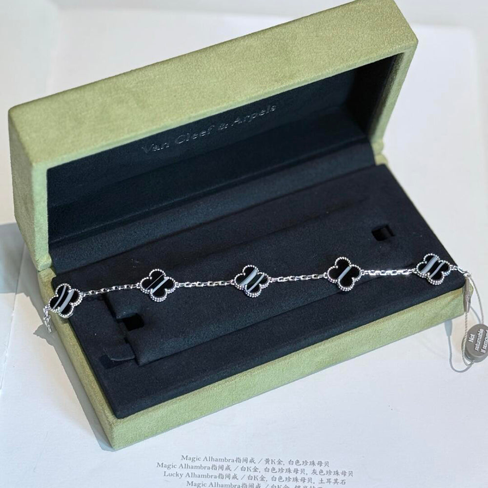 ¡®Dream¡¯CLOVER 5 MOTIF VEINED ONYX BRACELET SILVER