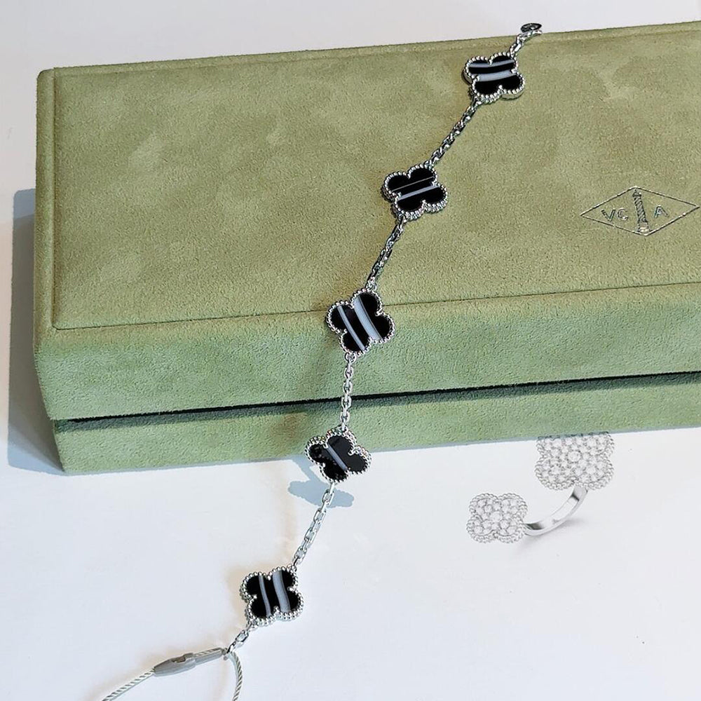 ¡®Dream¡¯CLOVER 5 MOTIF VEINED ONYX BRACELET SILVER