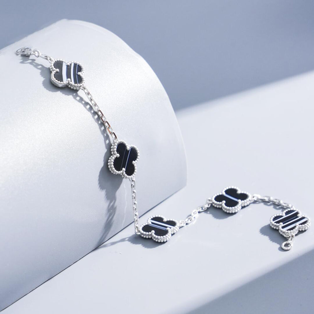 ¡®Dream¡¯CLOVER 5 MOTIF VEINED ONYX BRACELET SILVER