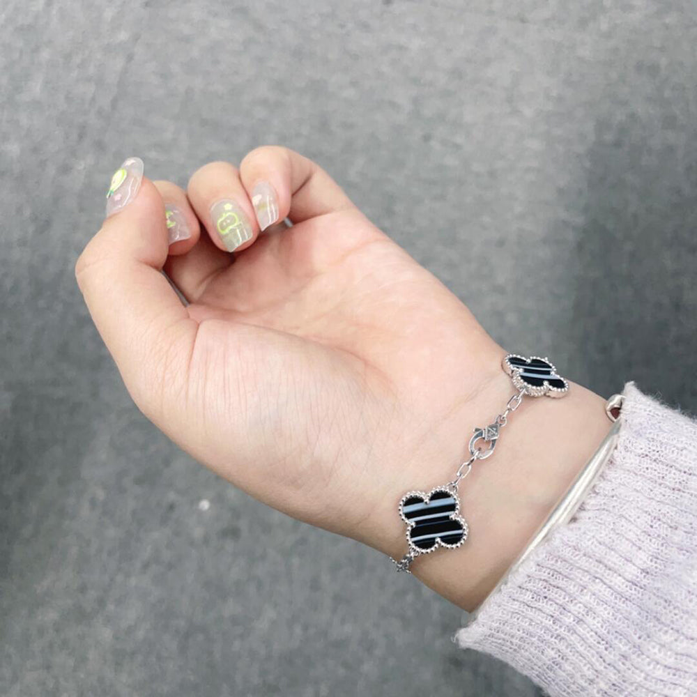 ¡®Dream¡¯CLOVER 5 MOTIF VEINED ONYX BRACELET SILVER