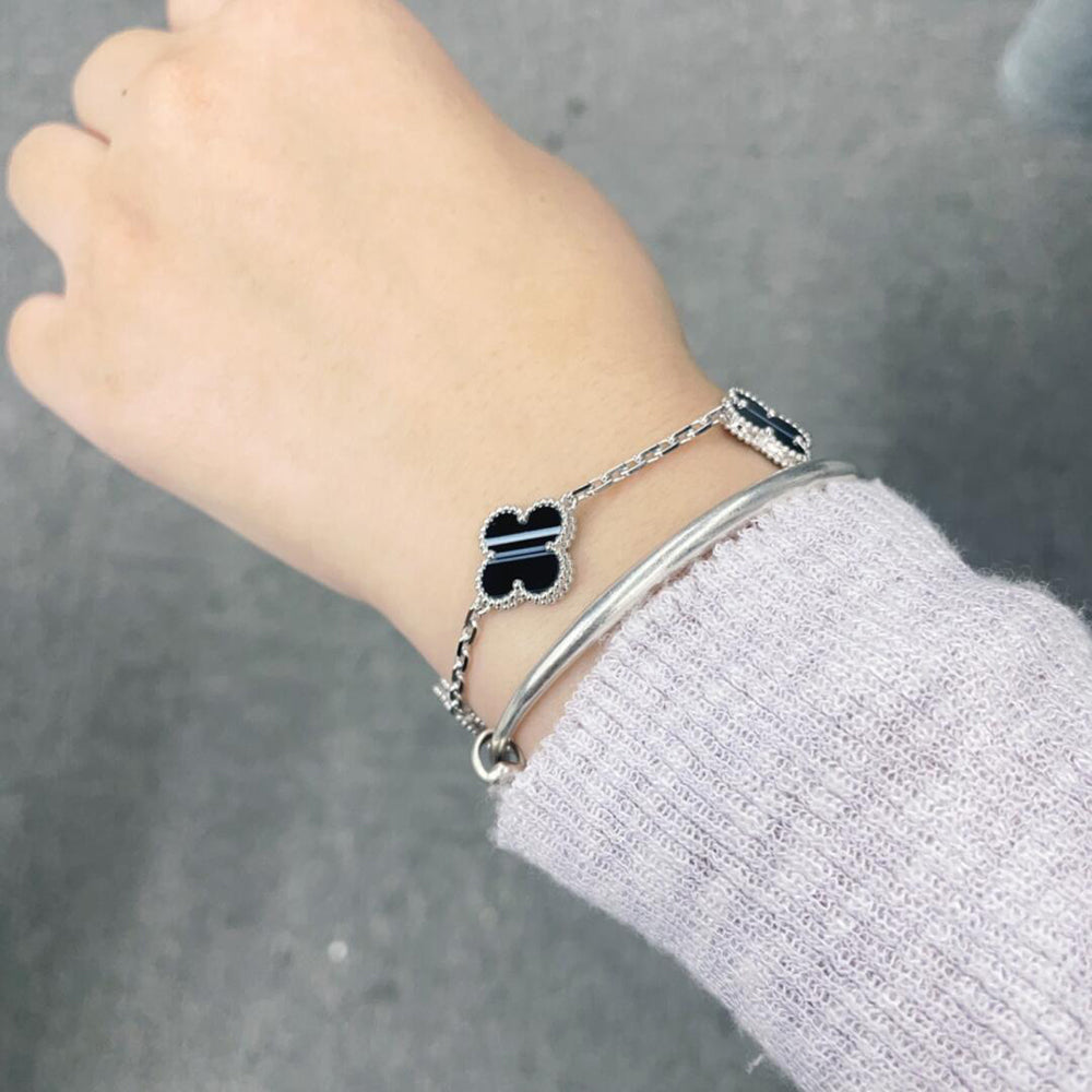 ¡®Dream¡¯CLOVER 5 MOTIF VEINED ONYX BRACELET SILVER