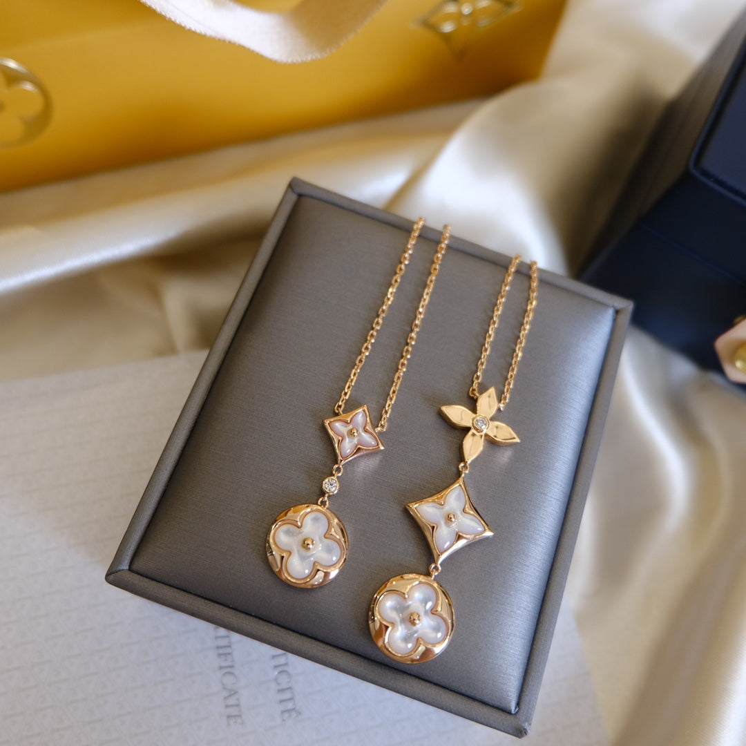 ¡®Dream¡¯COLOR BLOSSOM LARIAT NECKLACE PINK GOLD WHITE MOTHER PEARL AND DIAMOND