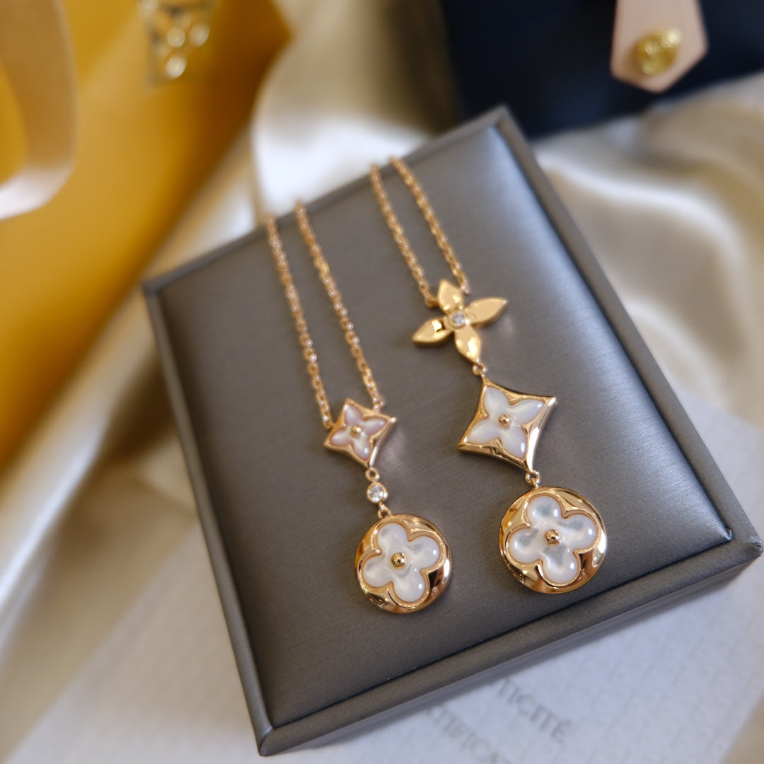 ¡®Dream¡¯COLOR BLOSSOM LARIAT NECKLACE PINK GOLD WHITE MOTHER PEARL AND DIAMOND