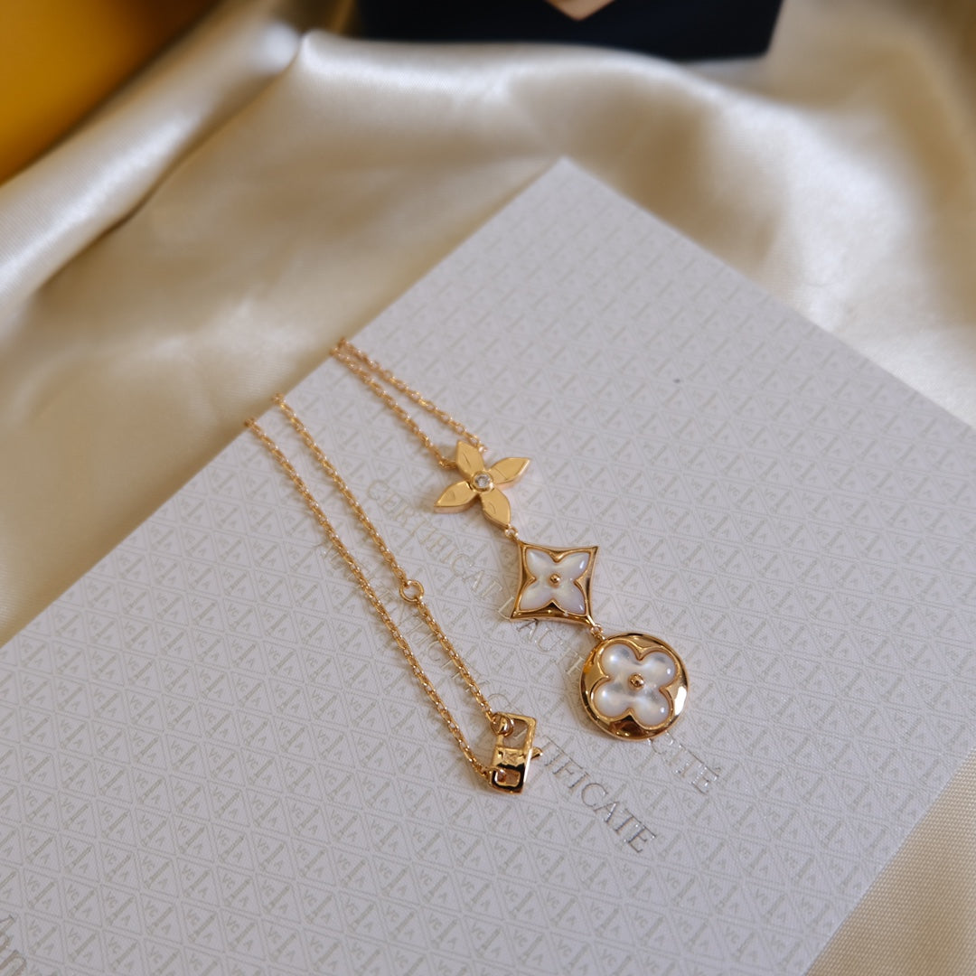 ¡®Dream¡¯COLOR BLOSSOM LARIAT NECKLACE PINK GOLD WHITE MOTHER PEARL AND DIAMOND