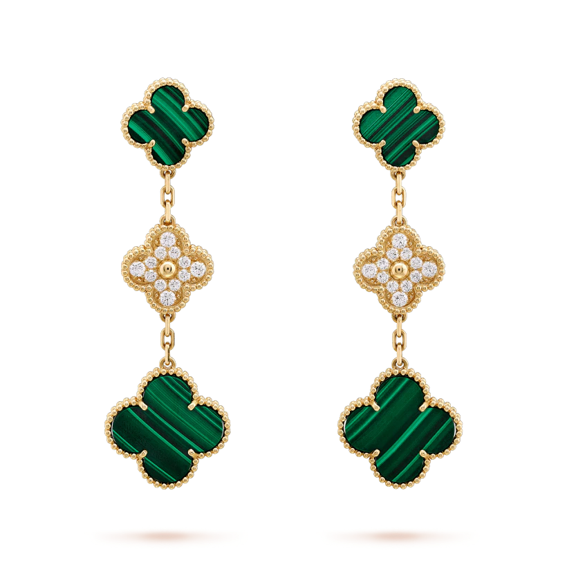 ¡®Dream¡¯CLOVER EARRINGS GOLD MALACHITE DIAMOND 3 MOTIF